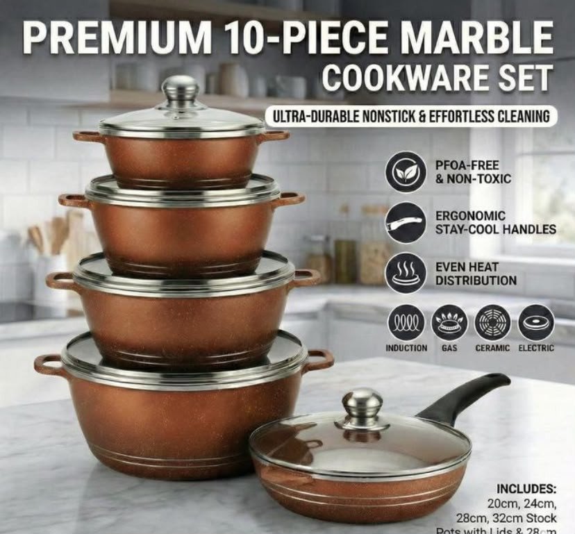 10-Piece Non-Stick Granite Cookware Set - 5 Pots with Lids - Durable & Healthy Cooking