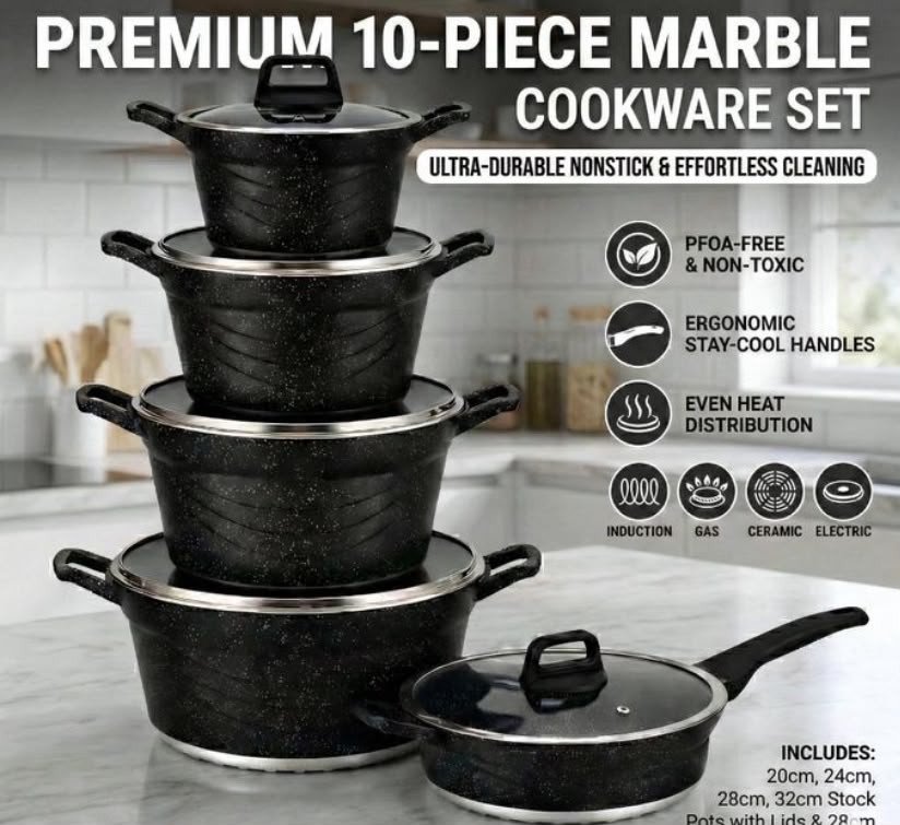 10-Piece Non-Stick Granite Cookware Set - 5 Pots with Lids - Durable & Healthy Cooking
